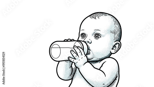 Line art illustration of a healthy baby drinking water from a clear bottle using both hands against a plain white background.