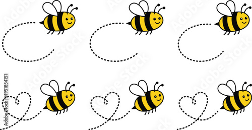 Cute bee cartoon set with dotted flight paths, smiling insect characters, pollination concept illustration, playful nature design, kids friendly vector graphic collection