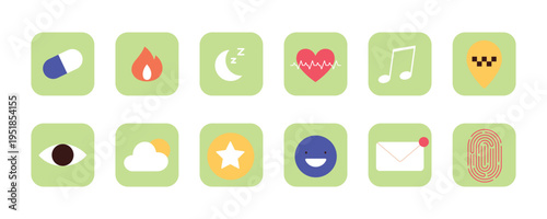 Interface icon set. Icons of various applications and programs for smartphones, tablets, smart TVs, and computers. Security, health, taxi, music, weather, vector clipart
