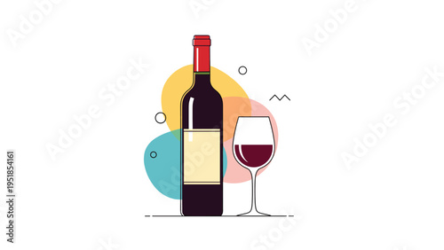 Elegant red wine bottle with a blank label and a half full glass set against a modern abstract background with geometric shapes.