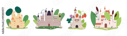 Magic fairy tale castles. Fantasy castle in blooming plants, green branches, flowers and berries. Beautiful cartoon kingdom, children vector concept