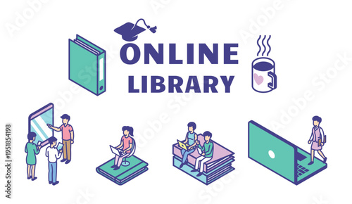 People using modern digital gadgets for reading. Young adults with tablet, smartphone and laptop. Different readers for users, isometric vector scenes