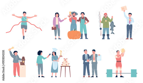 People with trophy. Male female winning in different competition, show, on work. Sport champions, culinary trophy, farming and career achievements, recent vector set