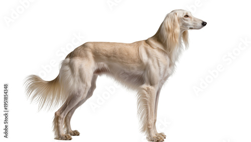 Fényképezés Elegant light-colored Saluki dog standing gracefully in profile, a beautiful pur