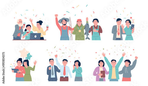 Congratulate winners. Colleagues and family congratulation champions online. Happy people with wine, medals, trophy and confetti. Career achievement, recent vector scenes