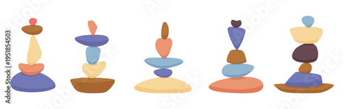 Balance stones. Meditation symbols, smooth stone stands in pyramide. Piles of pebbles, spa salon, yoga studio emblems, nowaday vector design