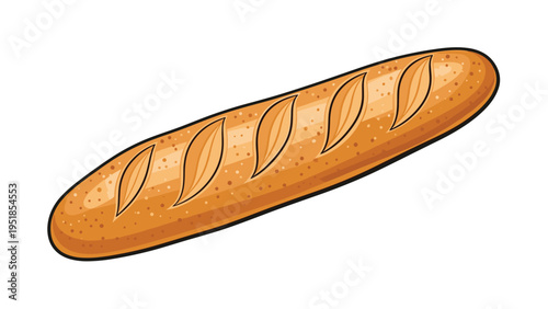 Delicious crusty French baguette loaf with golden brown crust and traditional score marks on a clean white background.
