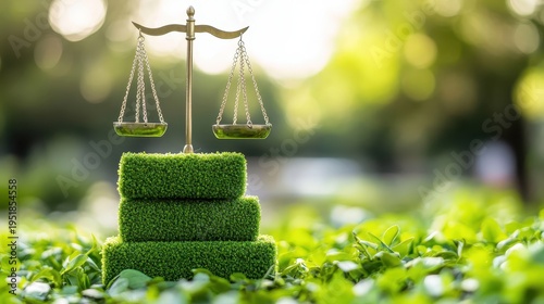 Symbol of Environmental Justice: Scales of Justice Balanced on Lush Green Vegetation Representing Legal Policies