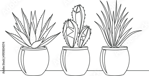 Minimalist Potted Succulent and Desert Plant Line Art Set Featuring Aloe Vera and Prickly Pear Cactus for Modern Home Decor Branding