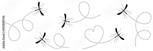 Mosquitoes insects flying on dotted route collection. Vector illustration isolated on white.