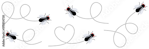 Flies character set. Fly insect flying on dotted route. Vector illustration isolated on white.