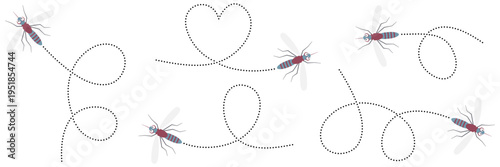 Adorable flying mosquito with dashed route trail. Playful insect mascot design shows buzzing character on journey. Vector illustration isolated on white.