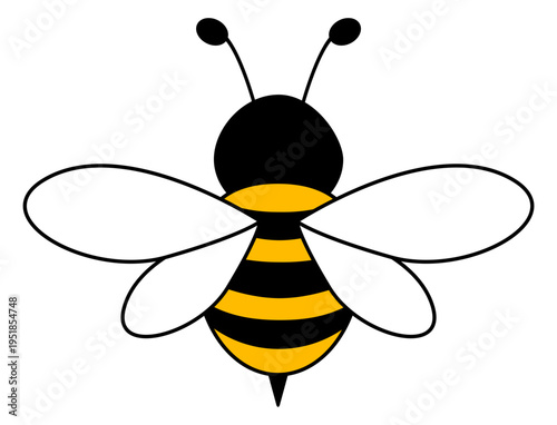 Cheerful yellow bee mascot with striped body and wings. Cute bumblebee character. Vector illustration isolated on white.