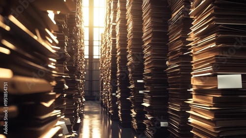 Towering Stacks of Historical Legal Documents Stored in a Vast Archive Bathed in Dramatic Sunlight