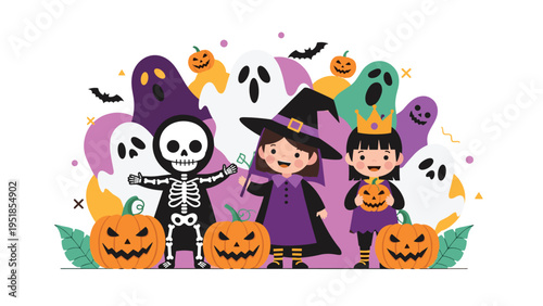 Group of children in Halloween costumes including a skeleton, witch, and princess surrounded by ghosts and pumpkins.