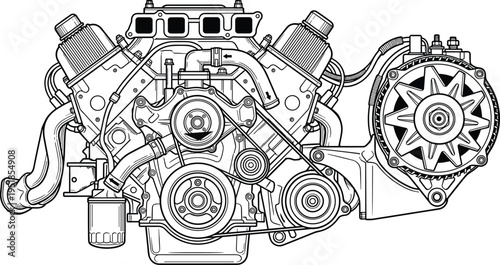 Detailed car engine technical drawing, automotive motor with belts pulleys and alternator, mechanical engineering concept, vehicle power system illustration, industrial machinery design
