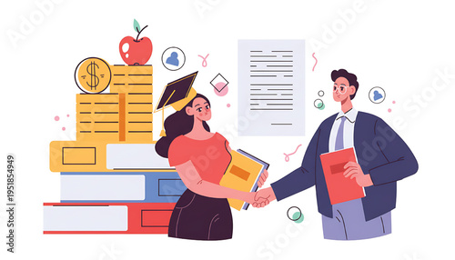Graduation cap and coins symbolize academic achievement and financial investment, with two professionals shaking hands.