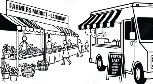 Farmers market street scene food truck fresh produce outdoor shopping local vendors weekend market illustration urban lifestyle organic food concept