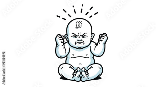 Simple line art illustration of a distressed baby sitting and crying with fists clenched and teardrops visible.