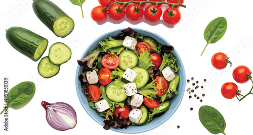 Fresh Greek Salad Bowl with Feta Cheese and Healthy Vegetables Surrounded by Raw Ingredients for Nutrition and Restaurant Branding