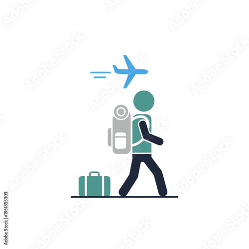 Stylized person with luggage and airplane for travel
