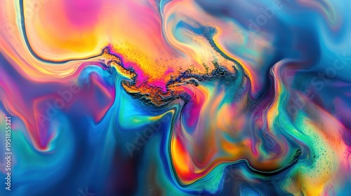 Vibrant Abstract Fluid Art with Swirling Iridescent Colors Creating a Psychedelic Pattern