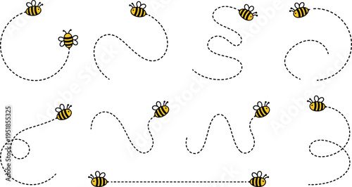 Cute bee flight path collection, cartoon insects with dotted trails, playful nature illustration, pollination concept design, kids friendly vector graphic set