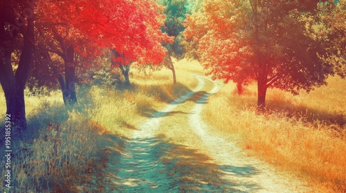 Vibrant Autumn Forest Path Bathed in Golden Sunlight, a Serene Nature Landscape