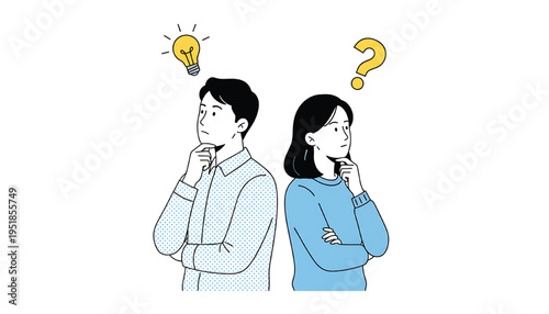 Man with idea lightbulb and woman with question mark symbol above heads thinking back to back in minimalist style