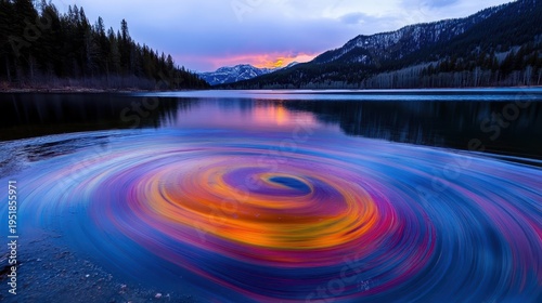 Vibrant Colorful Swirling Vortex on a Calm Lake Surface at Dusk with Mountains and Forest Background