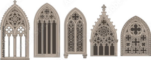 Black silhouette vector illustration of Gothic stained glass windows with ornate tracery, floral motifs, and symmetrical patterns, symbolizing medieval architecture and decorative design themes