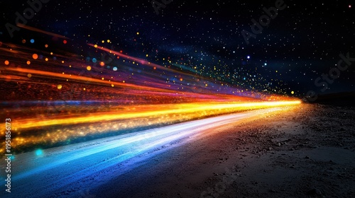 Vibrant Light Streaks and Stars Illuminate a Dusty Road at Night, Capturing the Thrill of Speed and Motion.