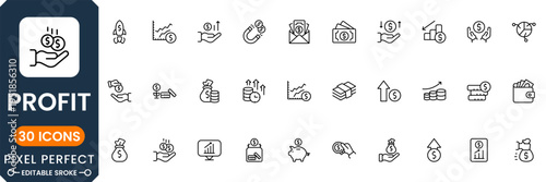 Business profit and finance icon pack featuring revenue growth, investment return and financial success symbols clean vector set