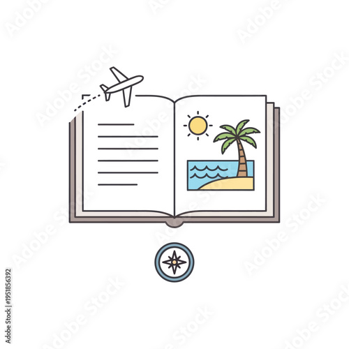 Travel book with airplane, beach, and compass icon
