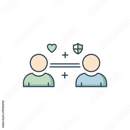 Two people connected with heart, shield, and plus signs