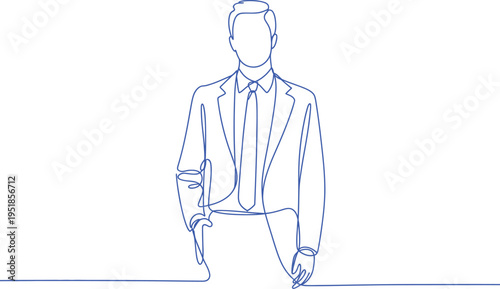Continuous line drawing of a confident businessman standing with hands in pockets in suit tie.
