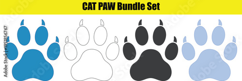 Set of various colored cat paw prints in different styles