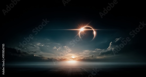 Large sun is shining on a dark sky with a large circle in the middle. The sky is filled with clouds