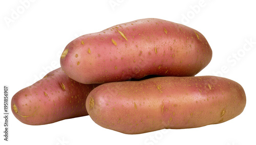 Slika na platnu Three fresh red-skinned potatoes, raw and organic, stacked naturally, isolated P