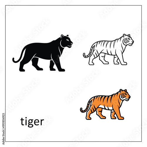Tiger icon set with black silhouette outline and colorful orange striped stalking predator