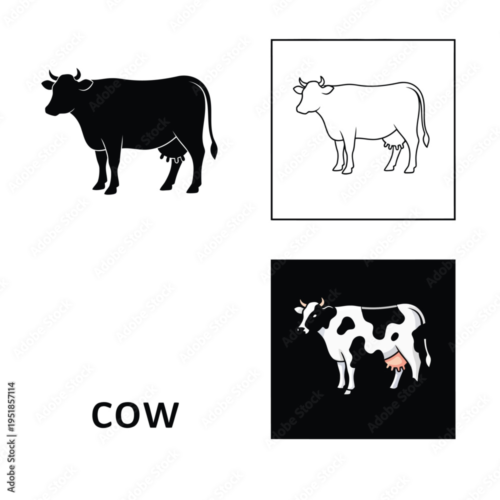 Fototapeta premium Cow silhouette and outline icon set representing dairy farm livestock in flat vector style