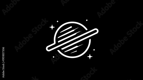 Minimalist white line art illustration of a ringed planet and stars on a black background. Cosmic astronomy design.