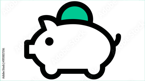 Simple piggy bank icon with a green coin representing money saving, financial growth, investment, and budget management concept.