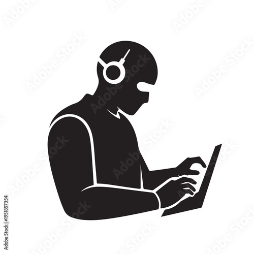 Man wearing VR headset working on laptop in office for technology concepts