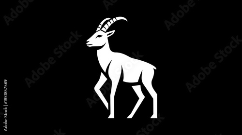 Majestic white mountain goat or ibex silhouette illustration standing against a stark black background, minimalist wildlife graphic.