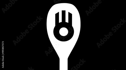 Abstract minimalist spoon or paddle symbol with stylized hand and circle icon. Modern black and white graphic design element.