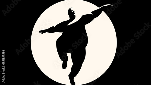 Dynamic silhouette of an expressive, plus-size person in a balancing pose against a bright circle, symbolizing movement and confidence.