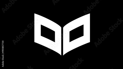 Modern abstract geometric symbol design on black. Minimalist graphic icon resembling an open book, a mask, or stylized letters.