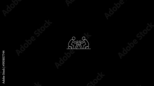Strategic board game icon with two players, line art symbol for collaboration, planning, and competition, minimalist vector on black.