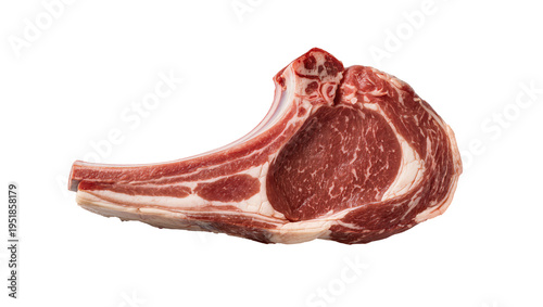 Foto Fresh raw lamb chop with bone, rich red meat texture, ready for cooking, isolate
